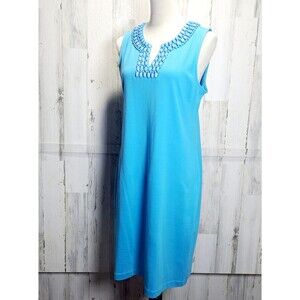TALBOTS Petites Blue Jeweled Open Neck Dress Womens L Sleeveless Resort Cruise